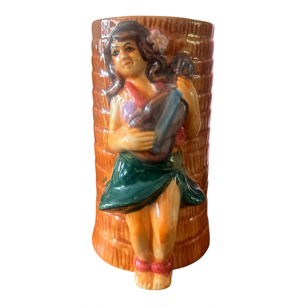 Vintage HAWAIIAN Tiki Cup Mug 3D Hula Girl Ukulele Hibiscus Palm‎ Design